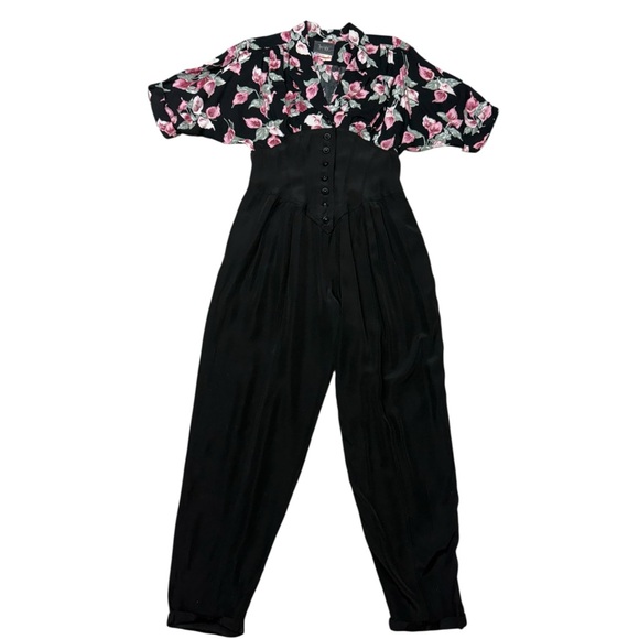 Vintage 80s Jumpsuit Black Pink Floral  Size 12 Foxy Lady Funky Unique Jumpsuit - Picture 12 of 12